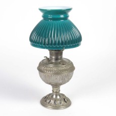 Bradley & Hubbard junior center draft nickel oil lamp with green shade