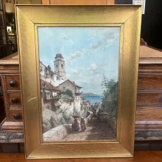 Antique Print In Gold Frame Ville Franche Near Nice by Theodor Weber No 142